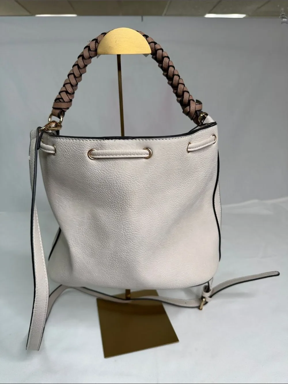 Soft Pebbled Cream Bucket Shoulder Bag with Braided Brown Handle
